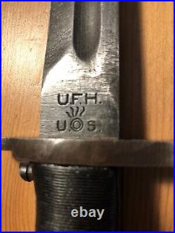 WW2 Union Fork & Hoe M-1 Garand 10 bayonet & E-US Marked scabbard